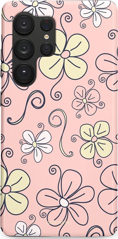 Casetastic hoesje geschikt voor Samsung Galaxy S25 Ultra - Dubbellaagse bescherming - Pastel Perzik Doodle Peach Bloemen - Fashion Case - Zand Zilver Lichtroze
