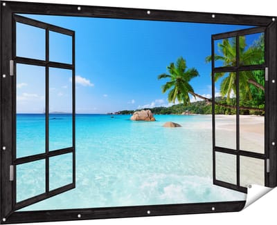 Gards Tuinposter Doorkijk Tropisch Strand en Zee - 180x120 cm - Tuindoek - Tuindecoratie - Wanddecoratie buiten - Tuinschilderij