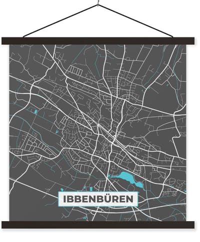 Posterhanger incl. Poster 120x120 cm - Schoolplaat - Stadskaart – Plattegrond – Duitsland – Blauw – Ibbenbüren – Kaart - Textielposter - Zwarte latten - Stadskaart