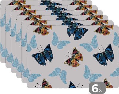 Placemat - Placemats kunststof - Vlinder - Insecten - Patronen - Zomer - 45x30 cm - 6 stuks - Hittebestendig - Anti-Slip - Onderlegger - Afneembaar