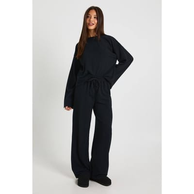 boohoo Dames Gerimpelde oversized top met lange mouwen en wijde broek co-ord set | Zwart | Maat: 38