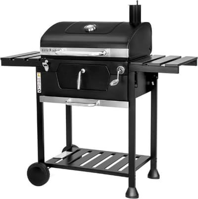 MasterCook Friend Houtskoolgrill met dubbele grill en mandinstelling, BBQ houtskool met deksel, thermometer, inklapbare planken, professionele houtskoolgrill van staal