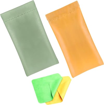 Zachte zonnebril etui van leer, waterdichte brillentas met schoonmaakdoekje, ideaal voor dames en heren, geschikt voor zonnebrillen en leesbrillen (groen en oranje)