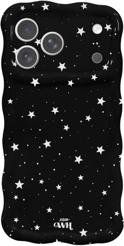 xoxo Wildhearts Glossy Wavy Case Midnight Romance telefoonhoesje - Geschikt voor iPhone 17 Pro - Golvend hoesje - Glimmende silicone case met golven - Vlekbestendig - Camerabescherming - Zwart met witte sterren