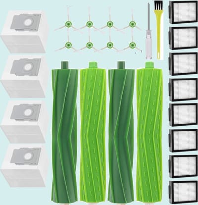 Accessoires geschikt voor iRobot Roomba i7/i7+/i7 Plus, E5, E6, E7 robotstofzuigers. Set bevat: 4 rubberen borstels, 8 filters, 8 zijborstels, 4 stofzakken, 1 schroevendraaier.