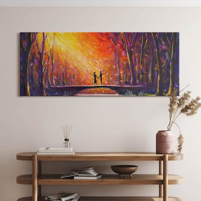 Wallfluent Foto Op Canvas Een verliefd stel geschilderd met waterverf - 125 x 50 cm - Claret Schilderij Op Canvas - Liefde Foto Op Doek - Natuur Schilderij Doek - Liefde Schilderij Canvas