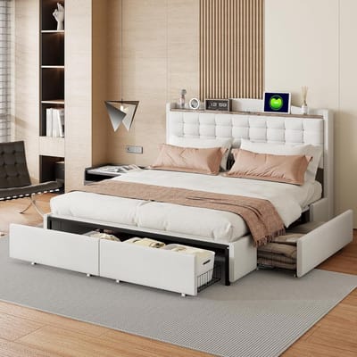 Bed met Opbergruimte - Tweepersoonsbed Lade - Slaapkamer Inrichten - Geïntegreerde USB Poort - 160 x 200 cm - Beige