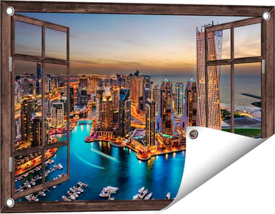 Gards Tuinposter Doorkijk Dubai Haven met de Stad - 60x40 cm - Tuindoek - Tuindecoratie - Wanddecoratie buiten - Tuinschilderij