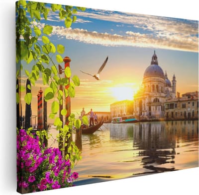 Artaza Canvas Schilderij Zonsondergang - 40x30 cm - Klein - Muurdecoratie Italië - Wanddecoratie Bloemen - Kamer Accessoires Gondel