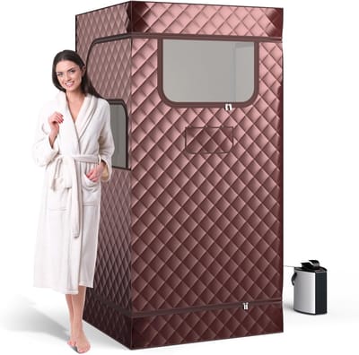 COSTWAY Stoomsauna, thuissauna voor thuis, full-body saunabox met 3-liter stoomgenerator, afstandsbediening, voetmassageapparaat en klapstoel, draagbare saunatent 91 x 91 x 183 cm (bruin)