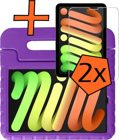 Hoesje - Geschikt voor Apple iPad Mini 7 (2024) - 8.3 inch - 7e Generatie - Met 2x Screenprotector - Kinderhoes Shockproof Bumper - Kidsproof Case - Tablet Hoes - Kinder Hoes Cover - Paars
