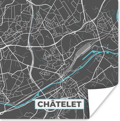 Poster Kaart – Plattegrond – Stadskaart – Châtelet – België - Grijs - 100x100 cm XXL