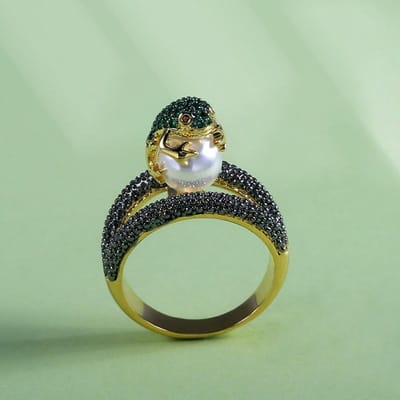 Bague Animale Mignonne Huitan Forme Grenouille qui Saute Bagues Fantaisie Cadeau d'Anniversaire Surface Rugueuse Avec Anneau Perle Simulée 7 beige