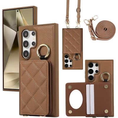 Crossbody Leren Ring Telefoonhoesje voor Samsung Galaxy S25 S24 Ultra S23 S22 Plus Spiegel Portemonnee met Kaarthouder Beschermhoes Galaxy S24 Ultra