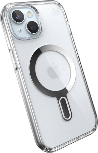 Speck Presidio Perfect-Clear ClickLock & MagSafe - iPhone 17e / 16e / 15 / 14 / 13 Case - Clear / Chrome Finish / Serene Silver