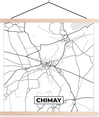 Posterhanger incl. Poster 40x40 cm - Schoolplaat - België – Chimay – Stadskaart – Kaart – Zwart Wit – Plattegrond - Textielposter - Blanke latten - Stadskaart