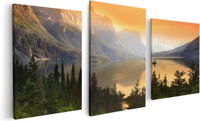 Artaza Canvas Schilderij Drieluik Bergen Met Een Meer In Nationaal Park Glacier - 120x60 cm - Wanddecoratie Woonkamer - Schilderijen - Muurdecoratie