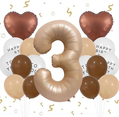 Dailygoods- Verjaardagsdecoratie - Ballonnen 3 Jaar - Bruin/Crème/Beige - Hart Ballonnen - Happy Birthday - Meisje - Feestdecoratie