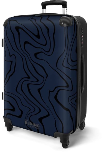 NoBoringSuitcases.com® - Koffer groot - Rolkoffer lichtgewicht - Blauw met zwarte golvende lijnen - Reiskoffer met 4 wielen - Valies grote trolley XL op wieltjes - Harde reistrolley met TSA slot - 20 kg bagage - Reizen