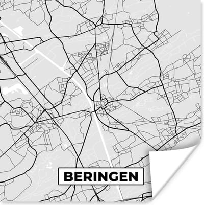 Poster Zwart Wit – België – Plattegrond – Stadskaart – Kaart – Beringen - 100x100 cm XXL