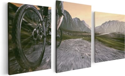 Artaza Canvas Schilderij Drieluik Moutainbike Fietser in de Bergen - 120x60 - Foto Op Canvas - Canvas Print