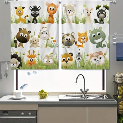 2 stuks Cartoon Dier Vos Leeuw Giraffe Jungle Print Gordijn Voor Slaapkamer Kantoor Keuken Jaloezieën Woonkamer Vloervenster Huisdecoratie 100W130H(CM)40x51in&Grommet Top