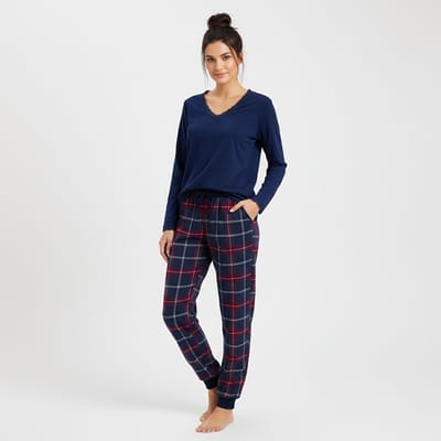 La-V pyjamaset voor dames met geruite flanel broek en V hals met kant contrast Donkerblauw/Rood S