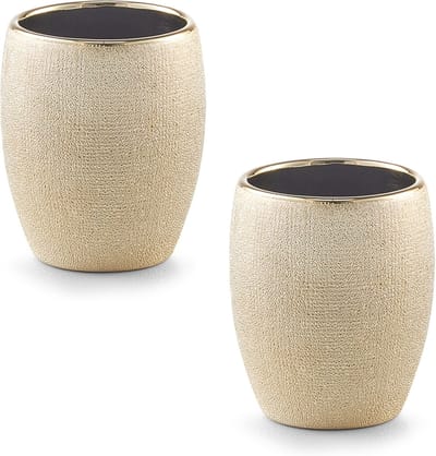 Zeller tandenborstelhouder/badkamer beker - 2x - keramiek - goud glitter - D8 x H10 cm