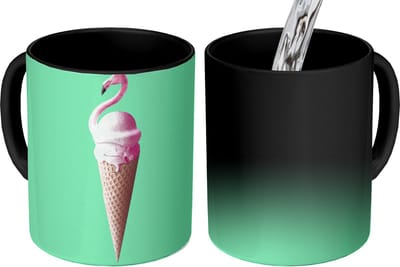 Magische Mok - Foto op Warmte Mokken - Koffiemok - IJshoorntjes - IJs - Flamingo - Roze - Groen - Magic Mok - Beker - 350 ML - Theemok