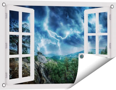 Gards Tuinposter Doorkijk Onweer in het Bos - Bliksem - 60x40 cm - Tuindoek - Tuindecoratie - Wanddecoratie buiten - Tuinschilderij
