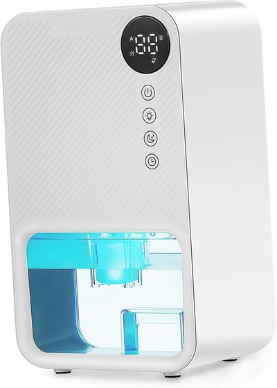 23w mini-luchtontvochtiger, draagbare kleine luchtontvochtiger, voorzien van een slim scherm, automatische uitschakeling en een 24-uurs timer, 7 kleurenverlichting, 360° ontvochtiging van de hele woning, luchtontvochtiger, wit