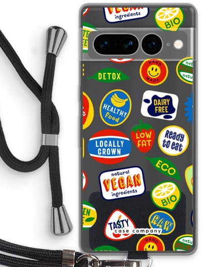 Case Company® - Hoesje met koord geschikt voor Google Pixel 7 Pro hoesje met Koord - Fruitsticker - Telefoonhoesje met Zwart Koord - Bescherming aan alle Kanten en Over de Schermrand