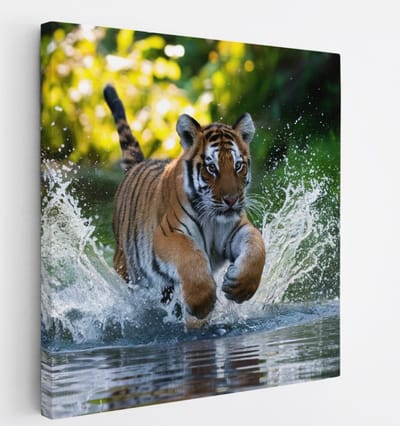 Saammp Canvas Schilderij - Tijger welp in het water - Natuur - Dieren - 20x20 - Foto op canvas - Wanddecoratie - muurdecoratie Woonkamer - Slaapkamer decoratie - Canvas Print