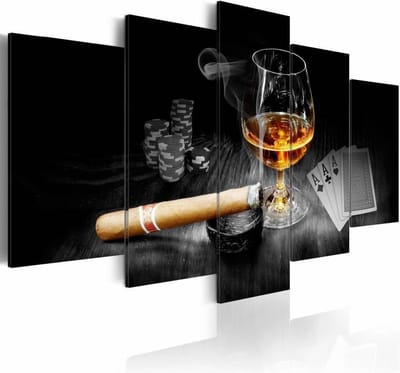 Schilderij - Duister Geheim - Whiskey en Sigaar , bruin , zwart , 5 luik