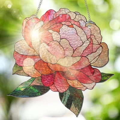 Pioen Bloem Zonnevanger - Glas In Lood - Raam Decoratie - Handgemaakt Glas - 20cm Diameter - Roze