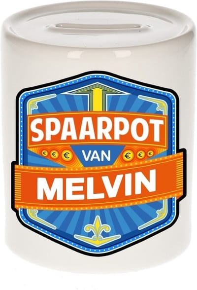 Bellatio Decorations Kinder spaarpot met naam - Melvin - keramiek - met dop - wit - Sparen - Spaargeld van Melvin