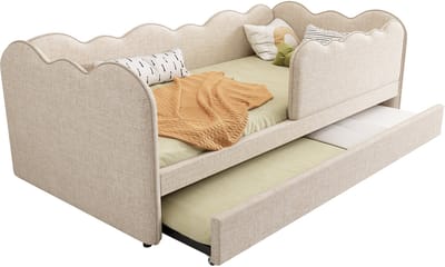 Wishdor – Eenpersoonsbed 90x190 cm – Uitschuifbed & lattenbodem – Wolkvormig design – Linnen – Beige – Zachte dromen in een wolk van comfort