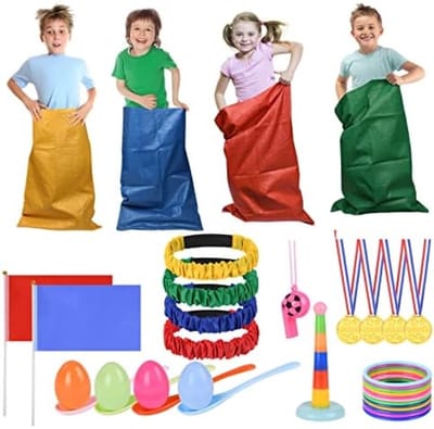 Kinderverjaardagsfeestspelletjes Set - 36 Delen voor Buitenspelletjes, Inclusief Zaklopen, Eierrace, Driebenige Wedstrijd en Meer - Ideaal voor Kinderfeestjes en Outdoor Activiteiten