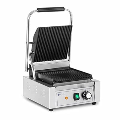 Contactgrill 1800W - Sandwichgrill met Geribbeld oppervlak, Temperatuurinstelling 50-300°C, 23x22 cm, Roestvrij staal en Gietijzer, Inclusief Lekbak