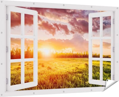 Gards Tuinposter Doorkijk Zonsopkomst in het Veld - 180x120 cm - Tuindoek - Tuindecoratie - Wanddecoratie buiten - Tuinschilderij