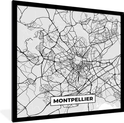 Fotolijst incl. Poster - Kaart - Stadskaart - Frankrijk - Montpellier - Plattegrond - 40x40 cm - Posterlijst