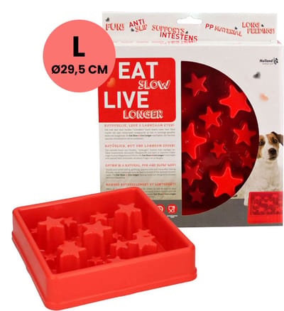 Eat Slow Live Longer Star Voerbak L – Ø 29.5 cm - Anti-schrok voerbak – Slowfeeder voor honden – Anti-slip – Geschikt voor de kleine tot middelgrote hond - Rood