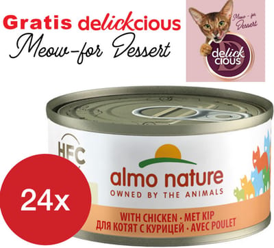 Almo Nature kitten met kip 24 x 70 gram met GRATIS Delickcious dessert