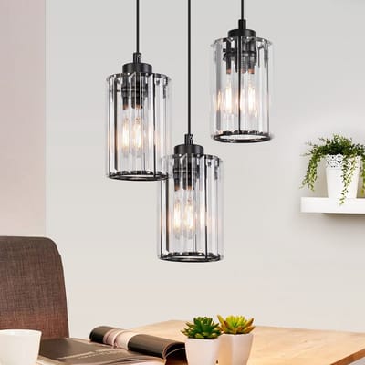NETTLIFE Hanglamp Kristal - E27 Fitting - 3-Lichts - Zwart - rond - Metaal Keukenlamp - Modern Eettafellamp Max. 25W - voor Eetkamer | Eettafel | Slaapkamer | Woonkamer - zonder lamp