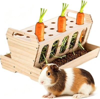Grote houten voederbak voor konijnen en cavia's, inclusief wortelhouder en hooivoederstation, natuurlijk onbehandeld hout (30 x 20,5 x 18 cm)