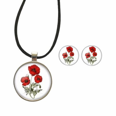 2-Delig-Ketting - Clip Oorbellen-Papaver-Rhoeas- Charme Bijoux
