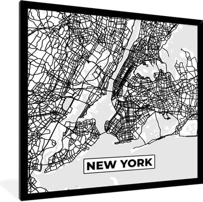 Fotolijst incl. Poster Zwart Wit- Stadskaart - Plattegrond - New York - Kaart - Zwart Wit - 40x40 cm - Posterlijst