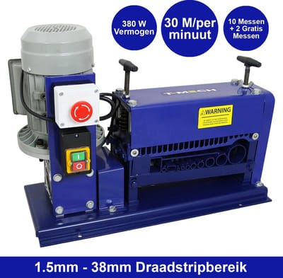 Automatische Kabelstripper Machine 38 mm 380W T-Mech - 30 meter per minuut - 1.5 mm - 38mm + 2 EXTRA mesbladen - YMVK XMVK grondkabels - Ingebouwde Noodstop