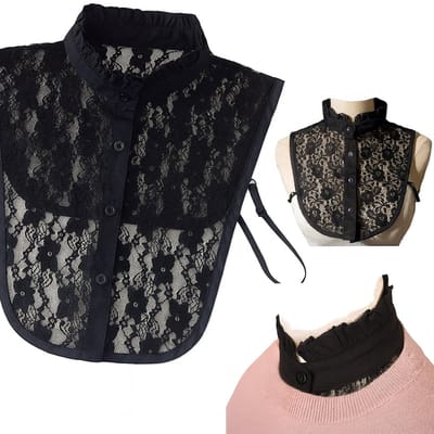 Luxe Losse Kraag met Opstaande Boord – Zwart Kant & Bloemenpatroon – One Size – Nep Blousekraag voor Dames – Chique & Comfortabel