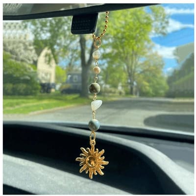 Zon Hanger Auto Bedeltje, Groen En Goud Achteruitkijkspiegel Accessoires Schattig Boho Hangend Zon Auto Decor Handgemaakt Ornament Cadeaus Voor Vrouwen Mannen one-size